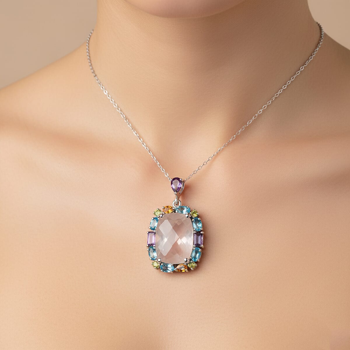 Pink Quartz with Multi Color Quartz 15.50 ctw Pendant Necklace 18 Inches in Rhodium Over Sterling Silver image number 2
