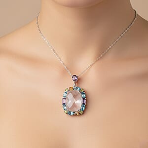 Pink Quartz with Multi Color Quartz 15.50 ctw Pendant Necklace 18 Inches in Rhodium Over Sterling Silver