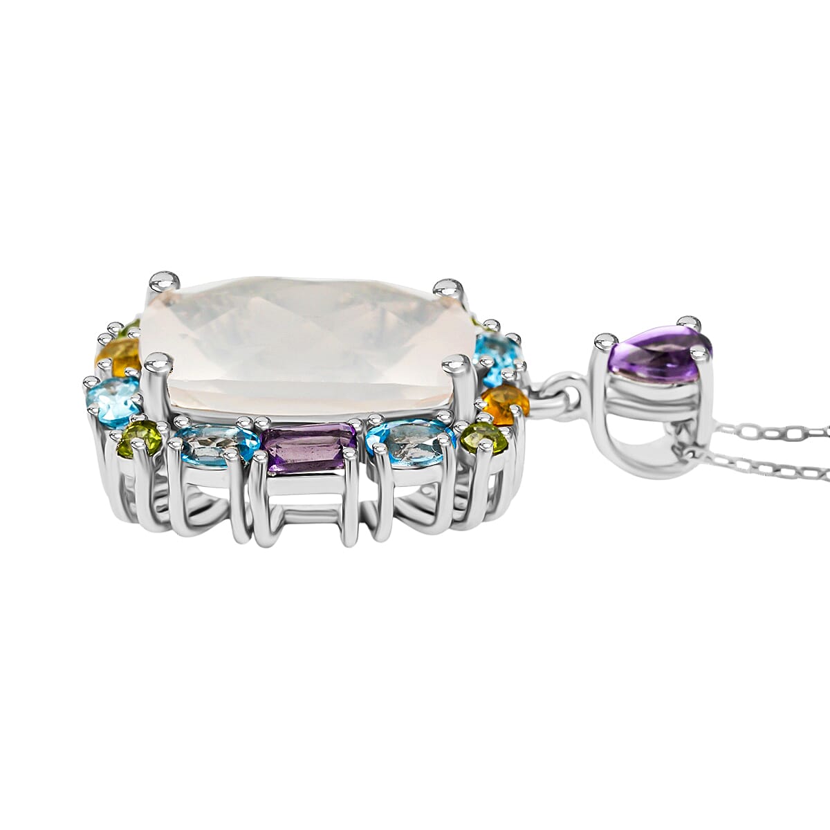 Pink Quartz with Multi Color Quartz 15.50 ctw Pendant Necklace 18 Inches in Rhodium Over Sterling Silver