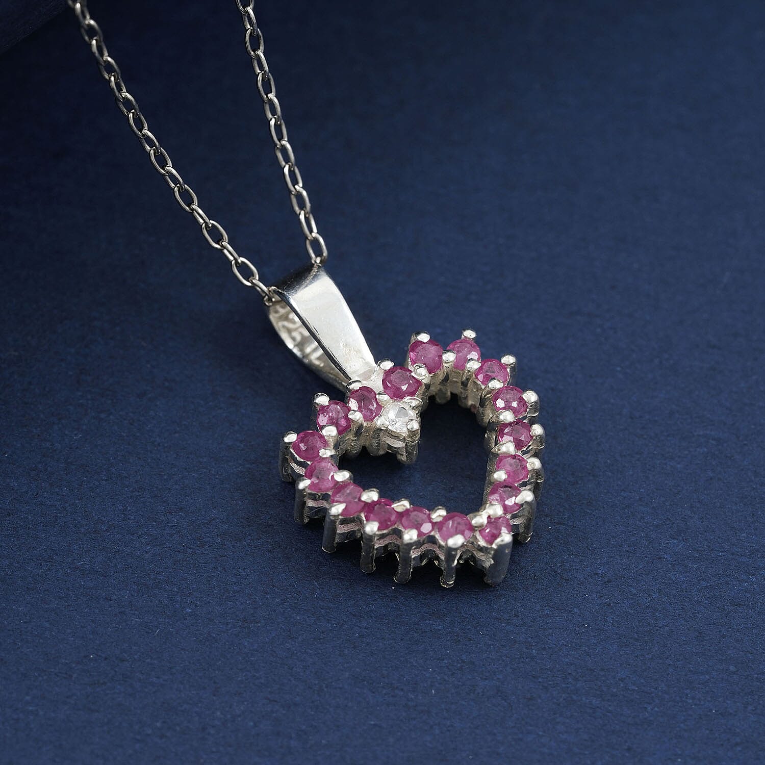 Simulated Ruby and Simulated Sapphire Diamond Pendant Necklace (18 Inches) in Rhodium Over Sterling Silver 0.18 ctw