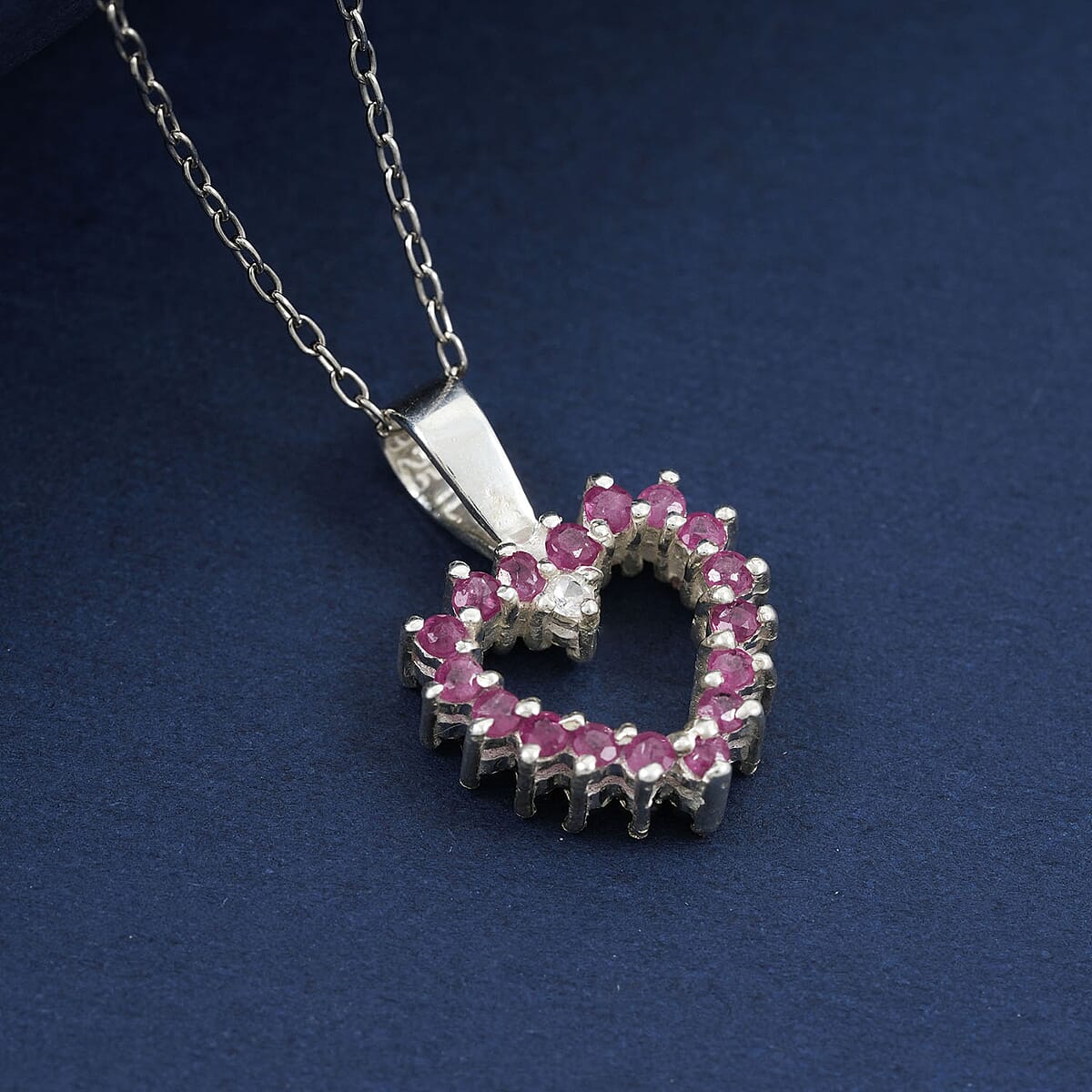 Simulated Ruby and Simulated Sapphire Diamond Pendant Necklace (18 Inches) in Rhodium Over Sterling Silver 0.18 ctw image number 1