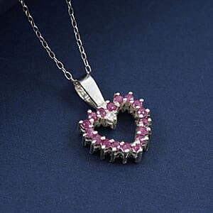 Simulated Ruby and Simulated Sapphire Diamond Pendant Necklace (18 Inches) in Rhodium Over Sterling Silver 0.18 ctw