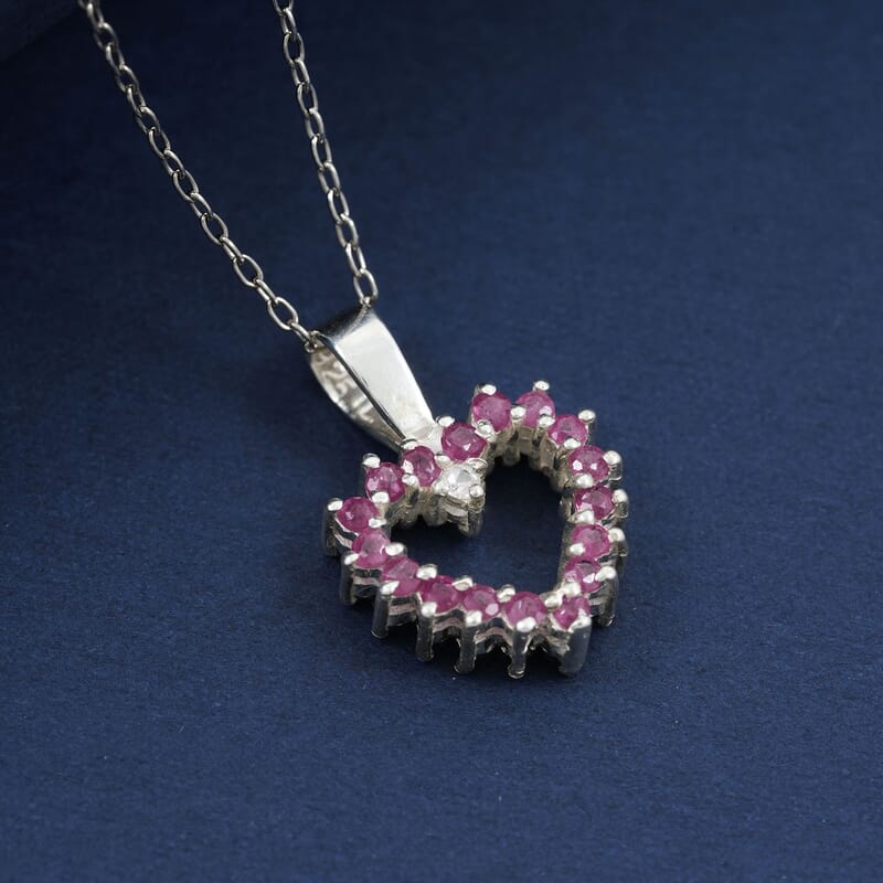Simulated Ruby and Simulated Sapphire Diamond Pendant Necklace (18 Inches) in Rhodium Over Sterling Silver 0.18 ctw