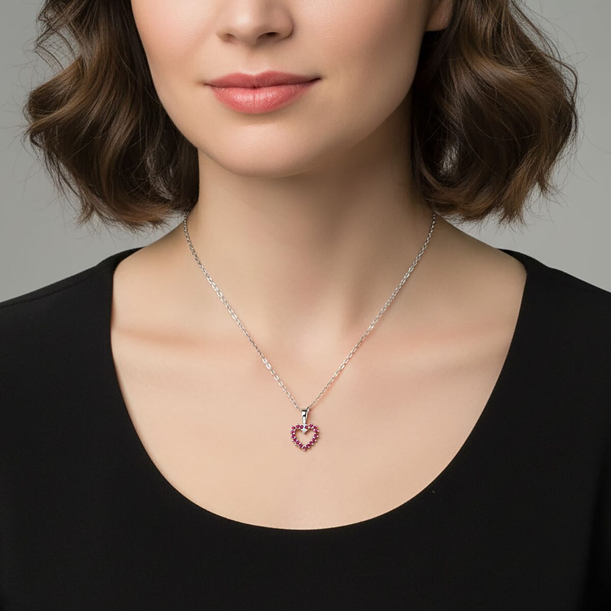 Simulated Ruby and Simulated Sapphire Diamond Pendant Necklace (18 Inches) in Rhodium Over Sterling Silver 0.18 ctw image number 2