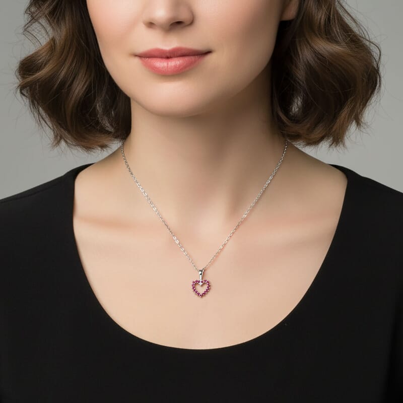 Simulated Ruby and Simulated Sapphire Diamond Pendant Necklace (18 Inches) in Rhodium Over Sterling Silver 0.18 ctw