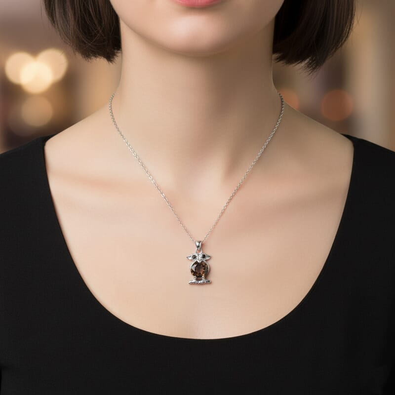 Brazilian Smoky Quartz, Simulated Black diamond 2.02 ctw Pendant Necklace 18 Inches in Rhodium Over Sterling Silver