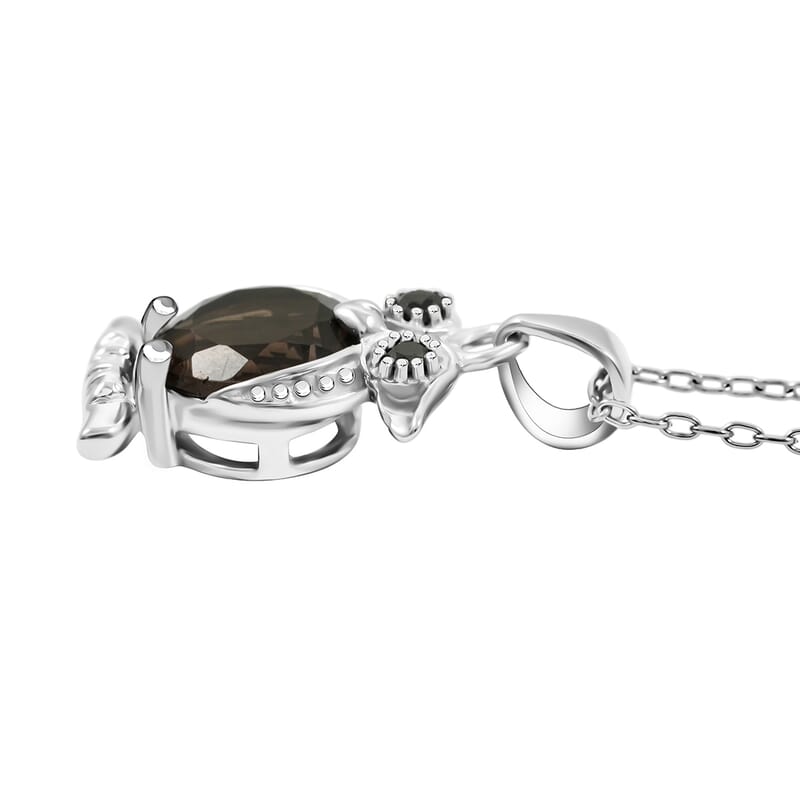 Brazilian Smoky Quartz, Simulated Black diamond 2.02 ctw Pendant Necklace 18 Inches in Rhodium Over Sterling Silver