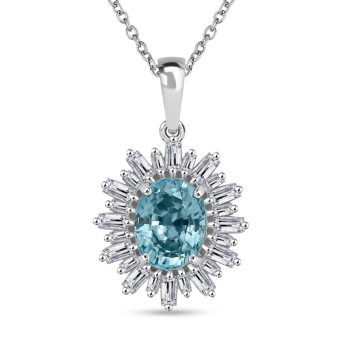 Doorbuster D'Joy Cambodian Blue Zircon and Moissanite 4.50 ctw Stellar Bloom Pendant Necklace in Rhodium Over Sterling Silver 20 Inches image number 0