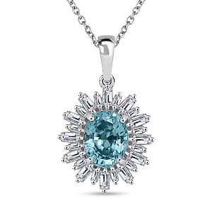 Doorbuster D'Joy Cambodian Blue Zircon and Moissanite 4.50 ctw Stellar Bloom Pendant Necklace in Rhodium Over Sterling Silver 20 Inches
