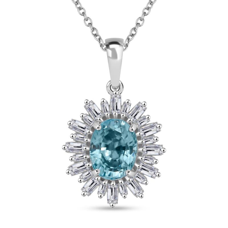  D'Joy Cambodian Blue Zircon and Moissanite 4.50 ctw Stellar Bloom Pendant Necklace in Rhodium Over Sterling Silver 20 Inches