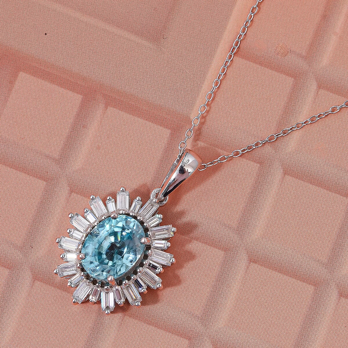 Doorbuster D'Joy Cambodian Blue Zircon and Moissanite 4.50 ctw Stellar Bloom Pendant Necklace in Rhodium Over Sterling Silver 20 Inches image number 1