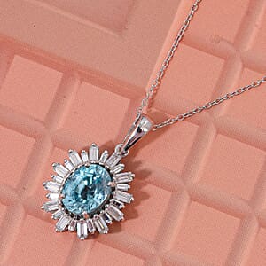 Doorbuster D'Joy Cambodian Blue Zircon and Moissanite 4.50 ctw Stellar Bloom Pendant Necklace in Rhodium Over Sterling Silver 20 Inches