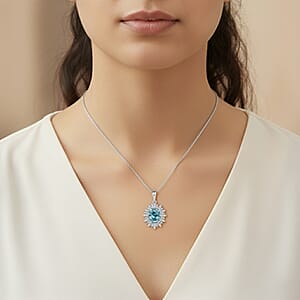 Doorbuster D'Joy Cambodian Blue Zircon and Moissanite 4.50 ctw Stellar Bloom Pendant Necklace in Rhodium Over Sterling Silver 20 Inches
