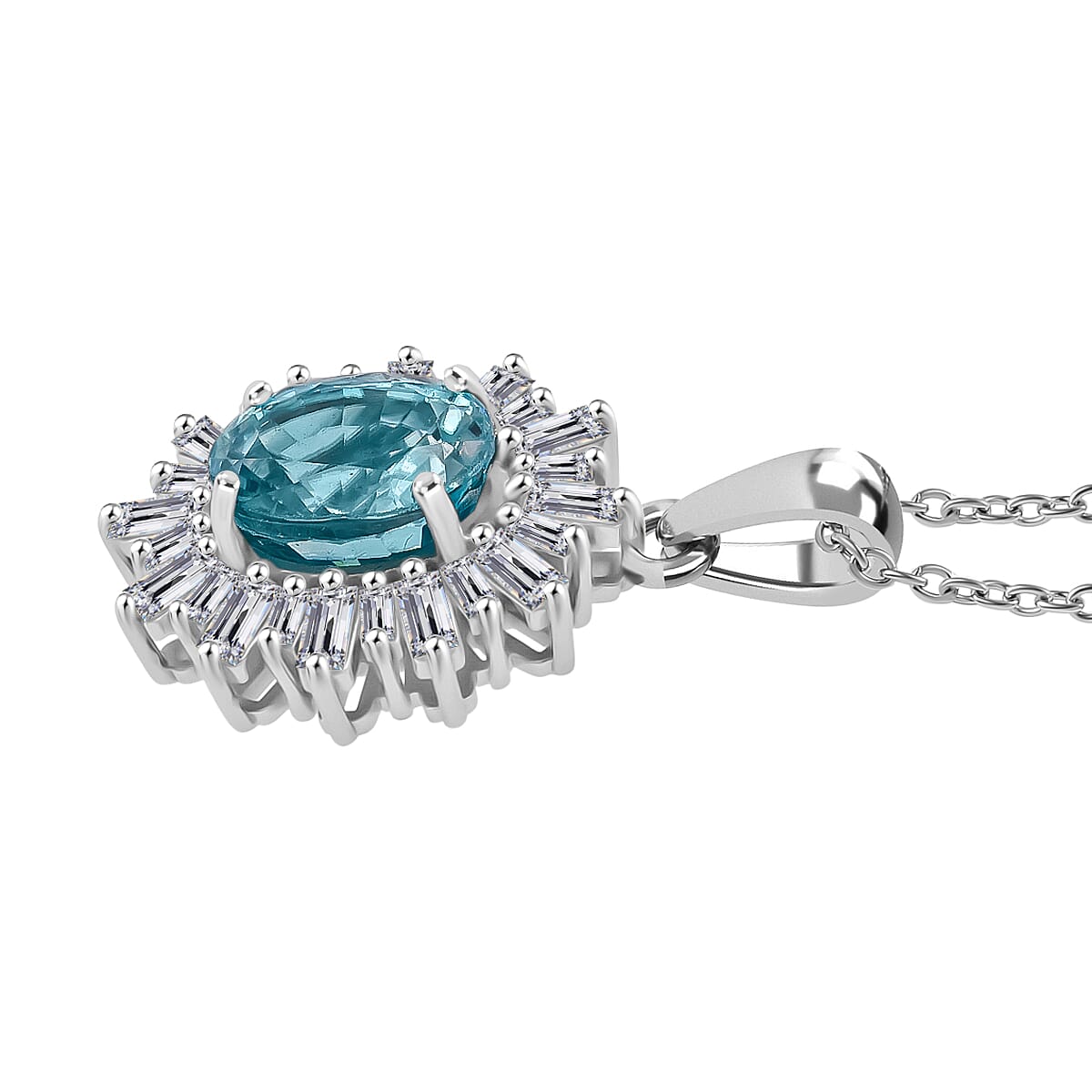 Doorbuster D'Joy Cambodian Blue Zircon and Moissanite 4.50 ctw Stellar Bloom Pendant Necklace in Rhodium Over Sterling Silver 20 Inches image number 3