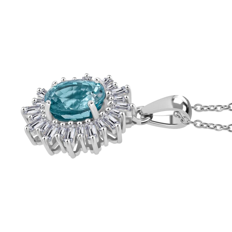  D'Joy Cambodian Blue Zircon and Moissanite 4.50 ctw Stellar Bloom Pendant Necklace in Rhodium Over Sterling Silver 20 Inches