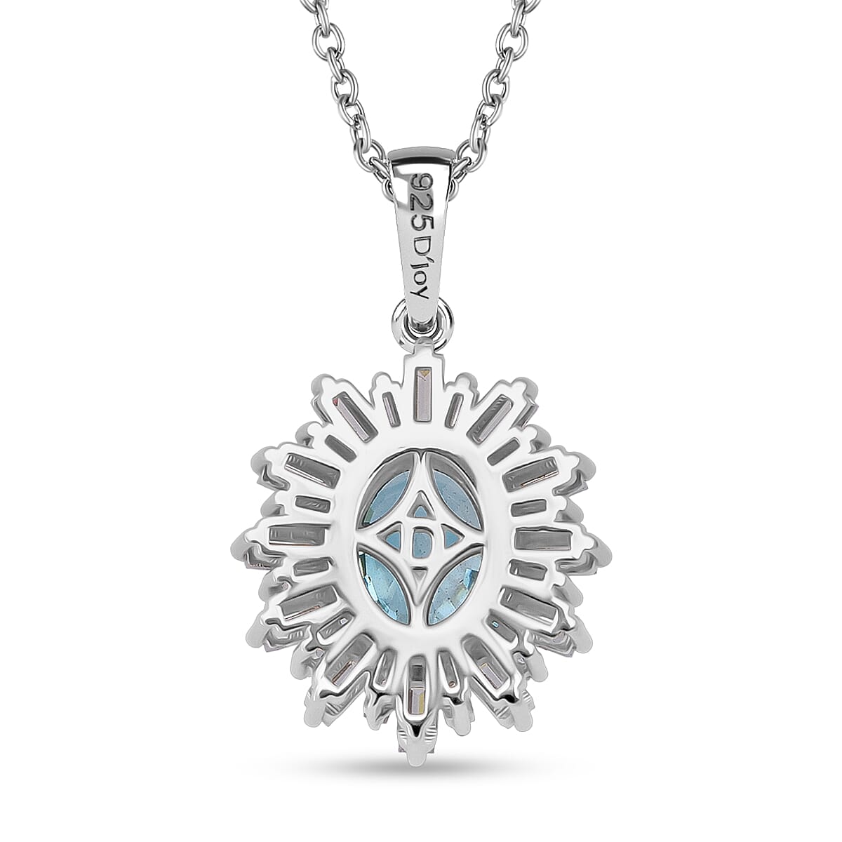  D'Joy Cambodian Blue Zircon and Moissanite 4.50 ctw Stellar Bloom Pendant Necklace in Rhodium Over Sterling Silver 20 Inches