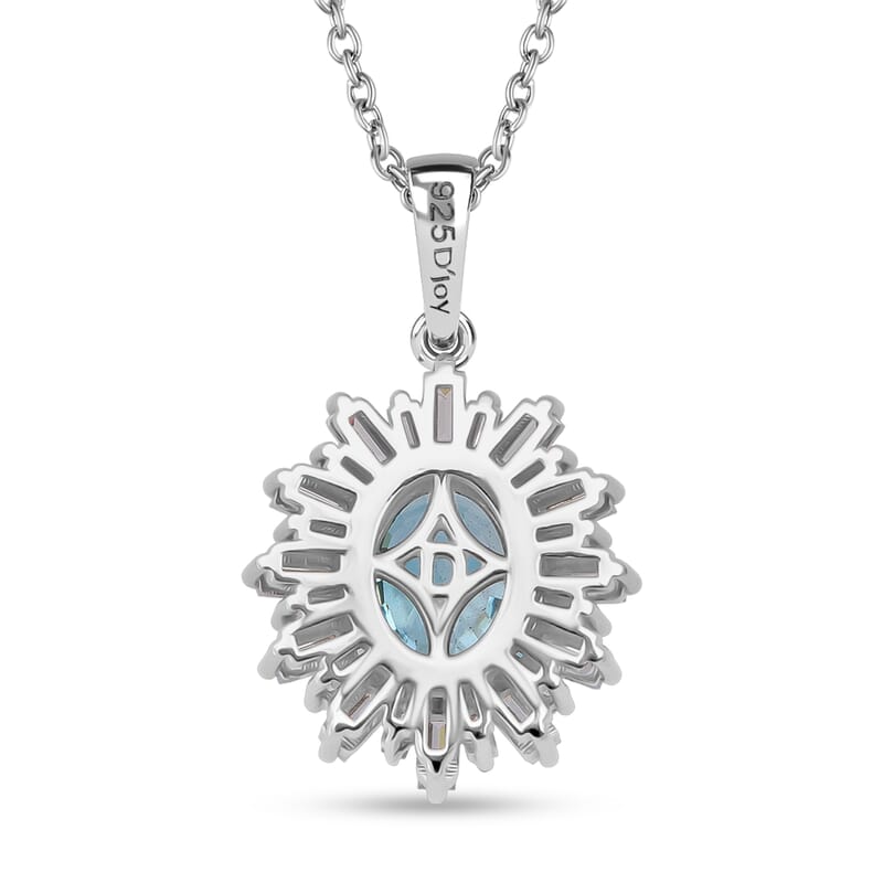  D'Joy Cambodian Blue Zircon and Moissanite 4.50 ctw Stellar Bloom Pendant Necklace in Rhodium Over Sterling Silver 20 Inches