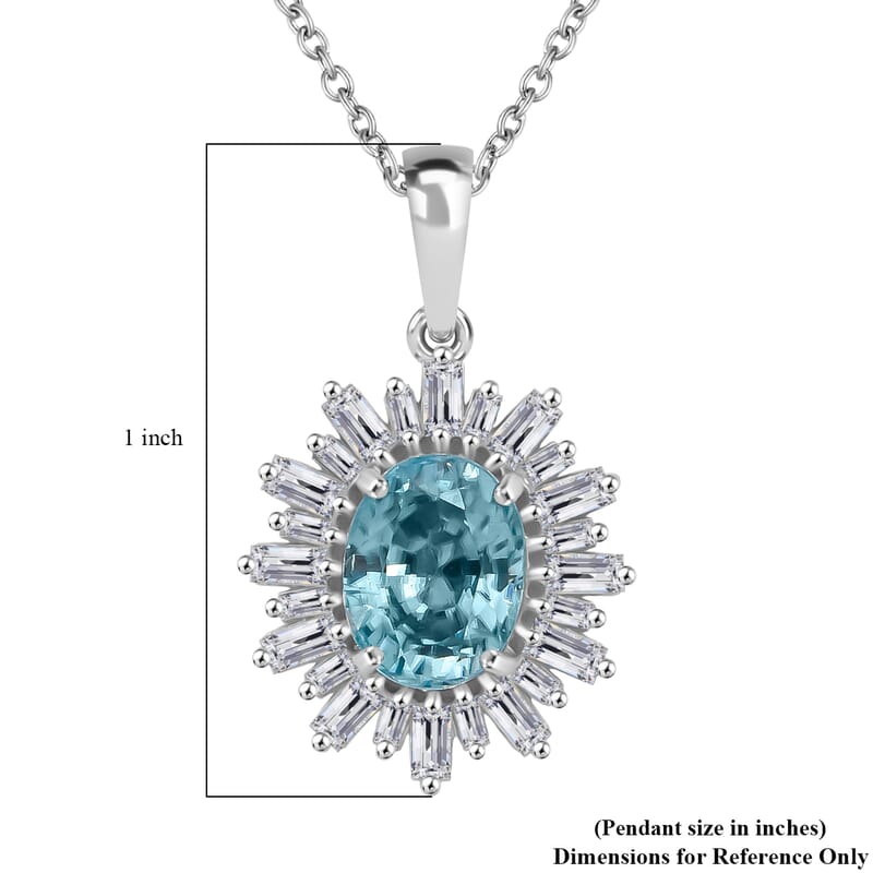  D'Joy Cambodian Blue Zircon and Moissanite 4.50 ctw Stellar Bloom Pendant Necklace in Rhodium Over Sterling Silver 20 Inches