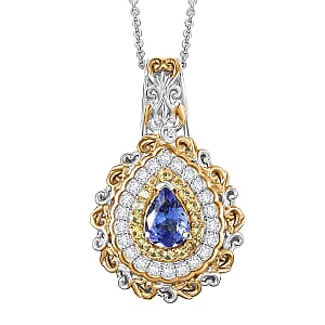 D'Joy Premium Tanzanite and Multi Gemstone 1.40 ctw Victorian Filigree Mirror Pendant Necklace in 18K Vermeil YG and Rhodium Over Sterling Silver 20 Inches