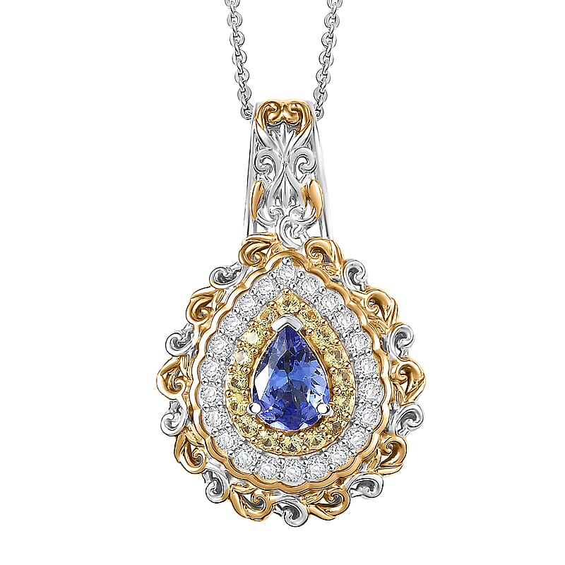 D'Joy Premium Tanzanite and Multi Gemstone 1.40 ctw Victorian Filigree Mirror Pendant Necklace in 18K Vermeil YG and Rhodium Over Sterling Silver 20 Inches