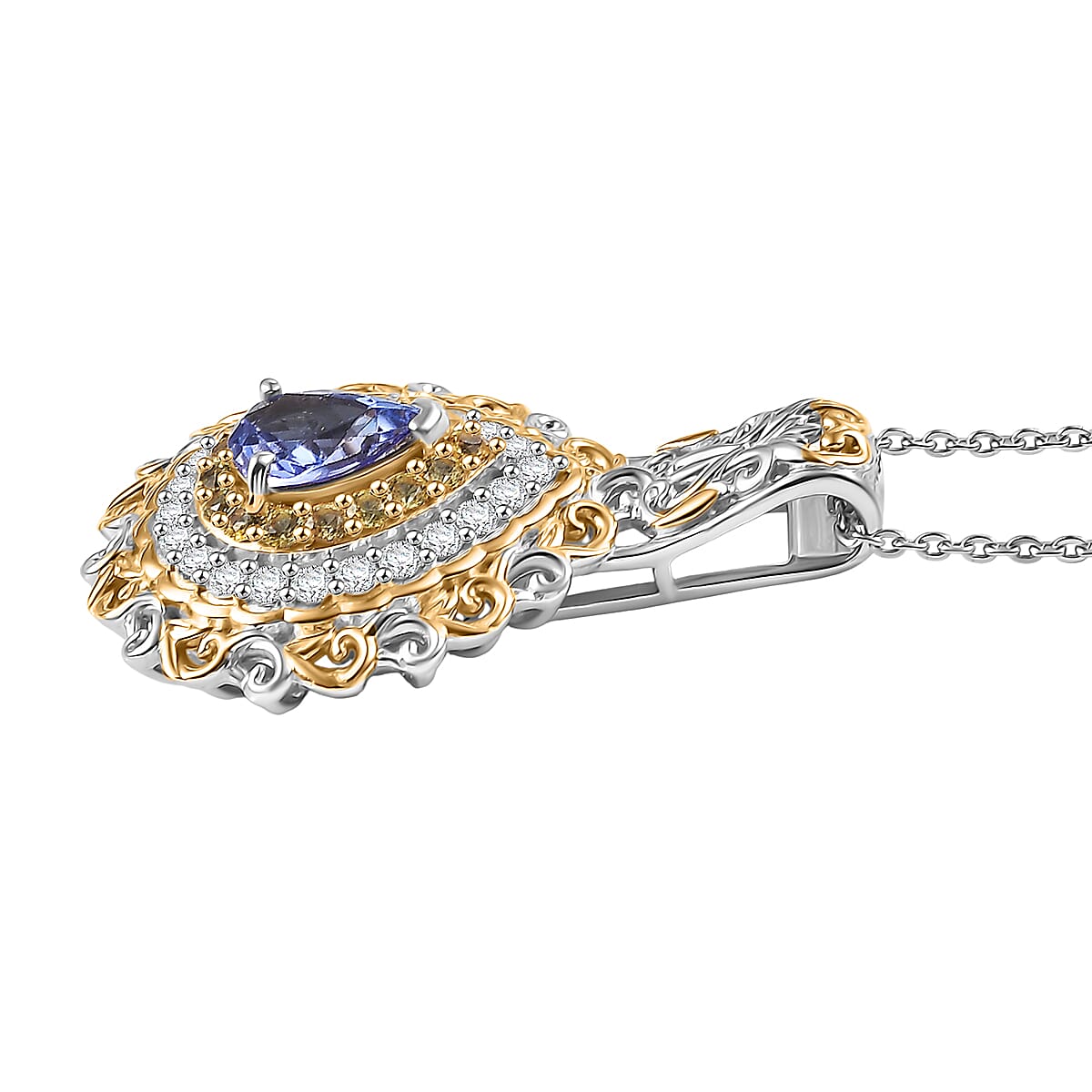 D'Joy Premium Tanzanite and Multi Gemstone 1.40 ctw Victorian Filigree Mirror Pendant Necklace in 18K Vermeil YG and Rhodium Over Sterling Silver 20 Inches