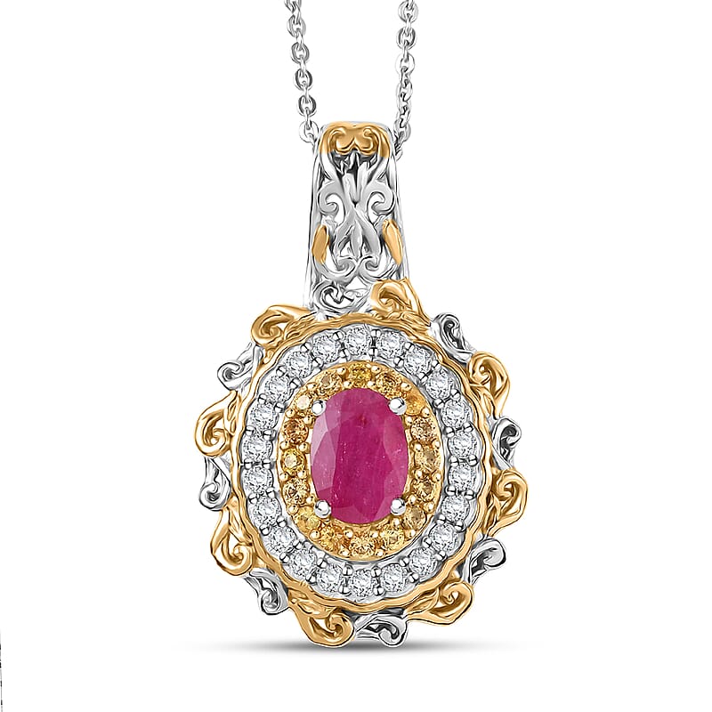 D'Joy Premium Montepuez Ruby and Multi Gemstone 1.70 ctw Victorian Filigree Mirror Pendant Necklace in 18K Vermeil YG and Rhodium Over Sterling Silver 20 Inches