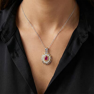 D'Joy Premium Montepuez Ruby and Multi Gemstone 1.70 ctw Victorian Filigree Mirror Pendant Necklace in 18K Vermeil YG and Rhodium Over Sterling Silver 20 Inches