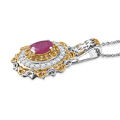 D'Joy Premium Montepuez Ruby and Multi Gemstone 1.70 ctw Victorian Filigree Mirror Pendant Necklace in 18K Vermeil YG and Rhodium Over Sterling Silver 20 Inches