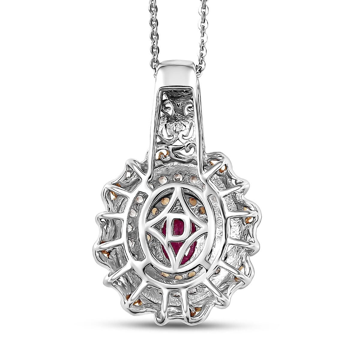 D'Joy Premium Montepuez Ruby and Multi Gemstone 1.70 ctw Victorian Filigree Mirror Pendant Necklace in 18K Vermeil YG and Rhodium Over Sterling Silver 20 Inches  image number 4