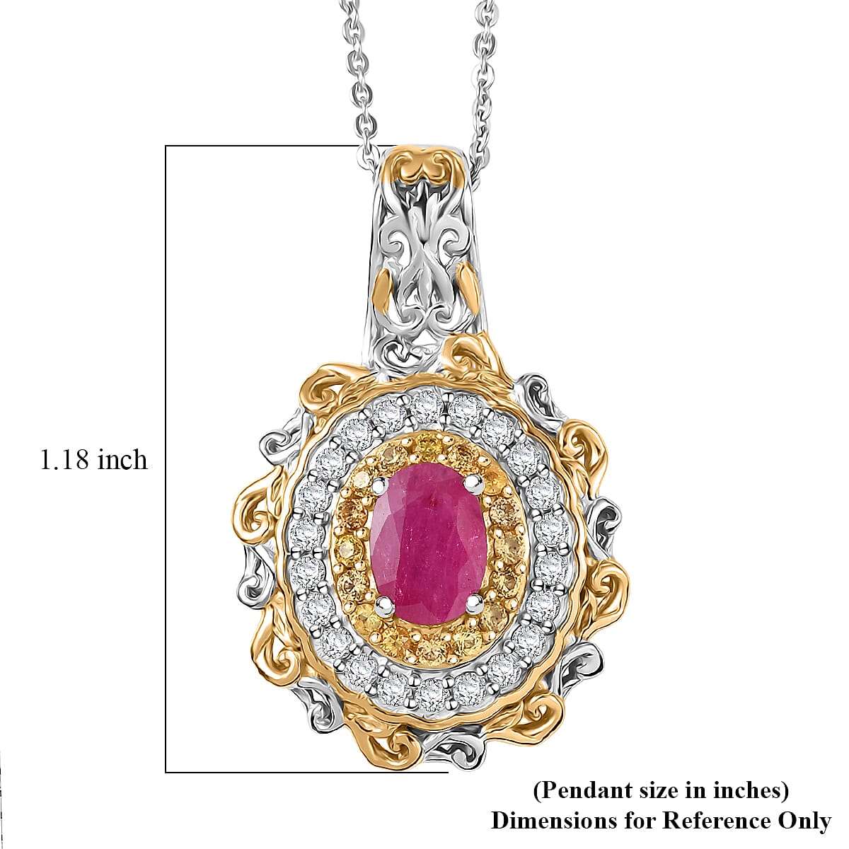 D'Joy Premium Montepuez Ruby and Multi Gemstone 1.70 ctw Victorian Filigree Mirror Pendant Necklace in 18K Vermeil YG and Rhodium Over Sterling Silver 20 Inches