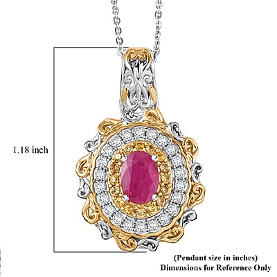 D'Joy Premium Montepuez Ruby and Multi Gemstone 1.70 ctw Victorian Filigree Mirror Pendant Necklace in 18K Vermeil YG and Rhodium Over Sterling Silver 20 Inches