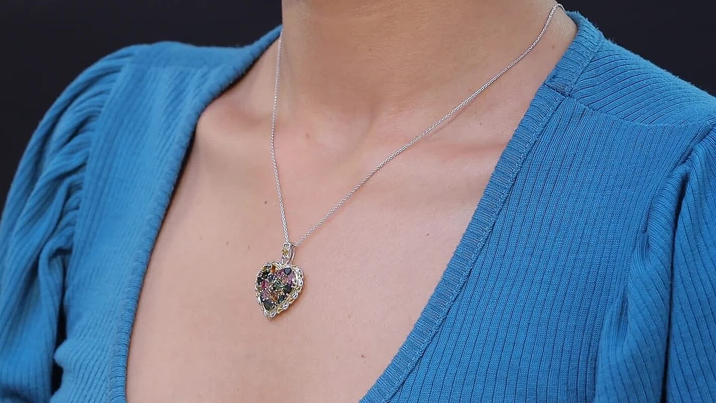 D'Joy Multi-Tourmaline Pendant Necklace in 18K Vermeil YG and Rhodium Over Sterling Silver 2.70 ctw (20 Inches)