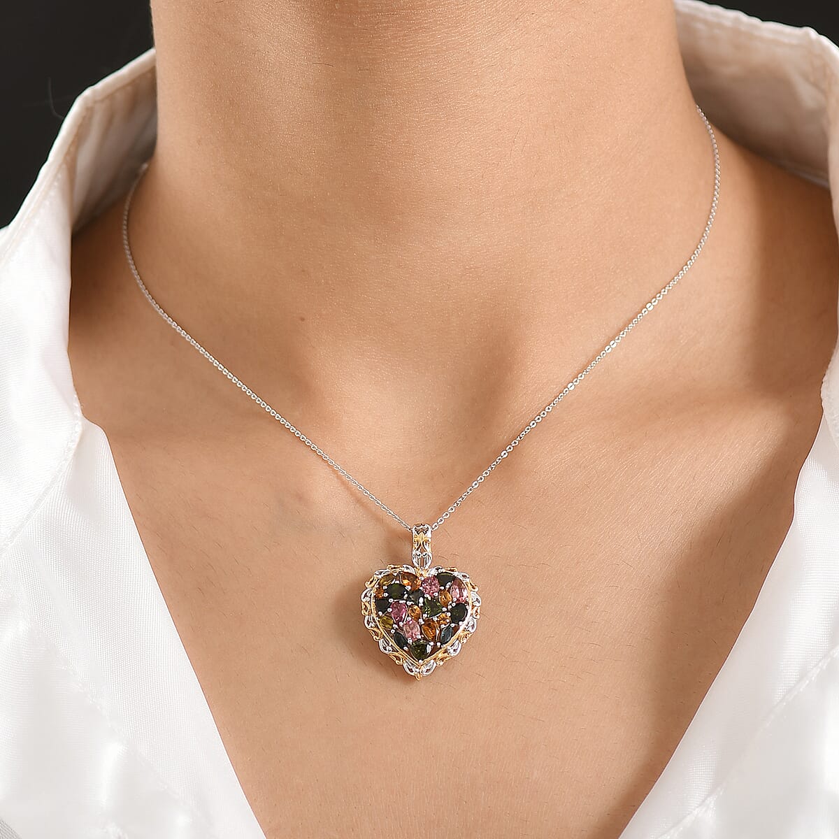 D'Joy Premium Multi-Tourmaline 2.70 ctw Pendant Necklace in 18K Vermeil YG and Rhodium Over Sterling Silver 20 Inches image number 2