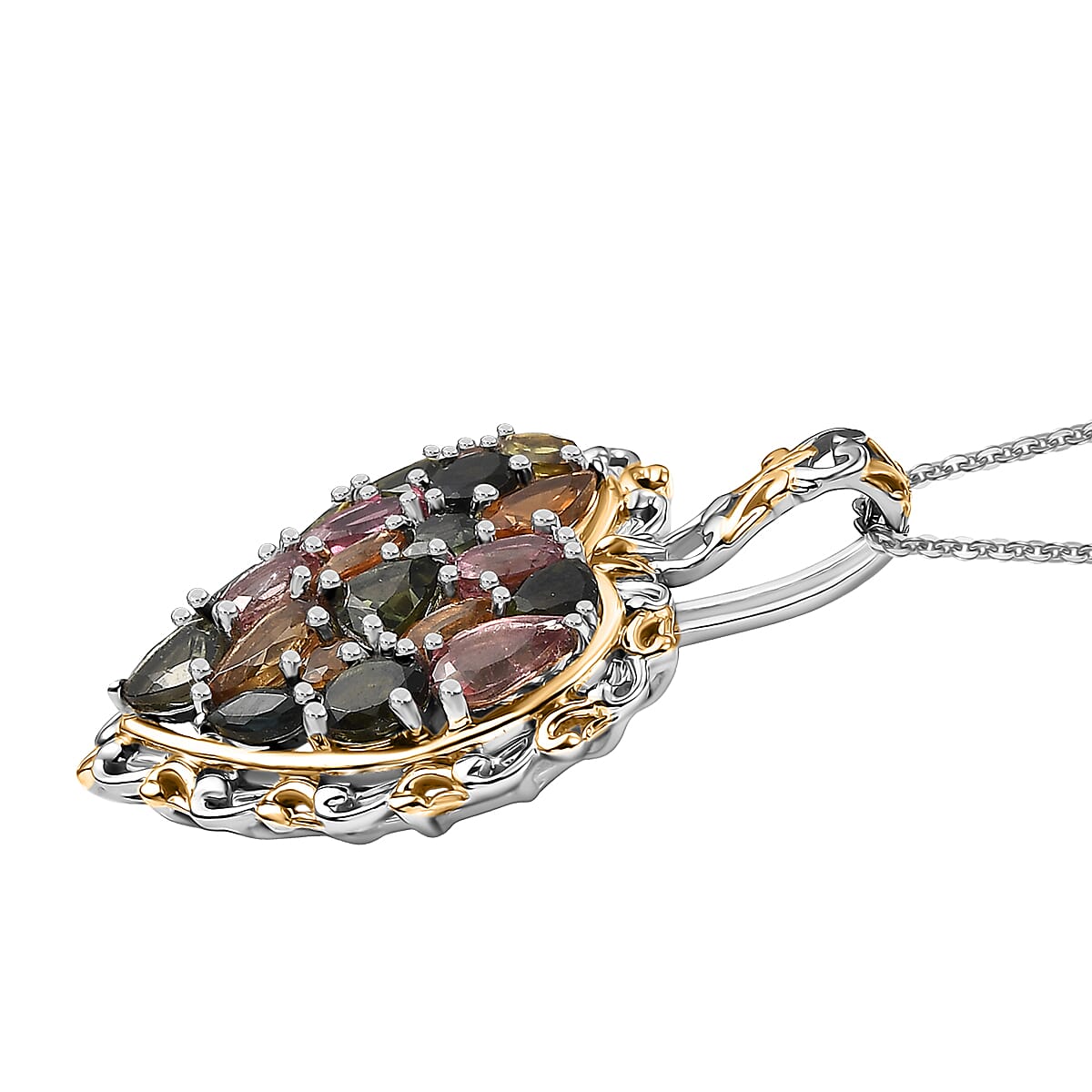 D'Joy Premium Multi-Tourmaline 2.70 ctw Pendant Necklace in 18K Vermeil YG and Rhodium Over Sterling Silver 20 Inches image number 3