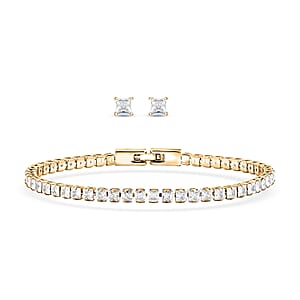2 Piece Set - Fancy Cut Simulated Diamond 5.60 ctw Tennis Bracel (7.50 In) and Earrings in Goldtone 