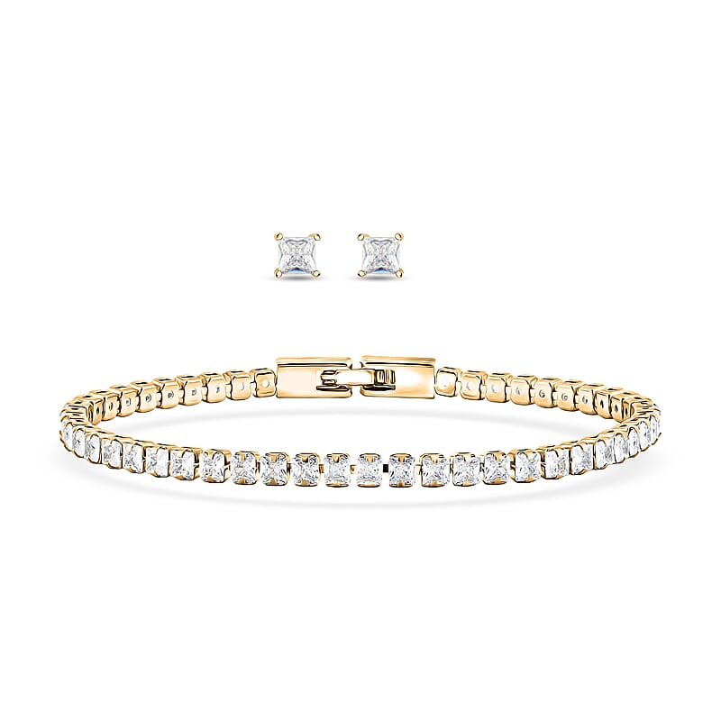 2 Piece Set - Fancy Cut Simulated Diamond 5.60 ctw Tennis Bracel (7.50 In) and Earrings in Goldtone