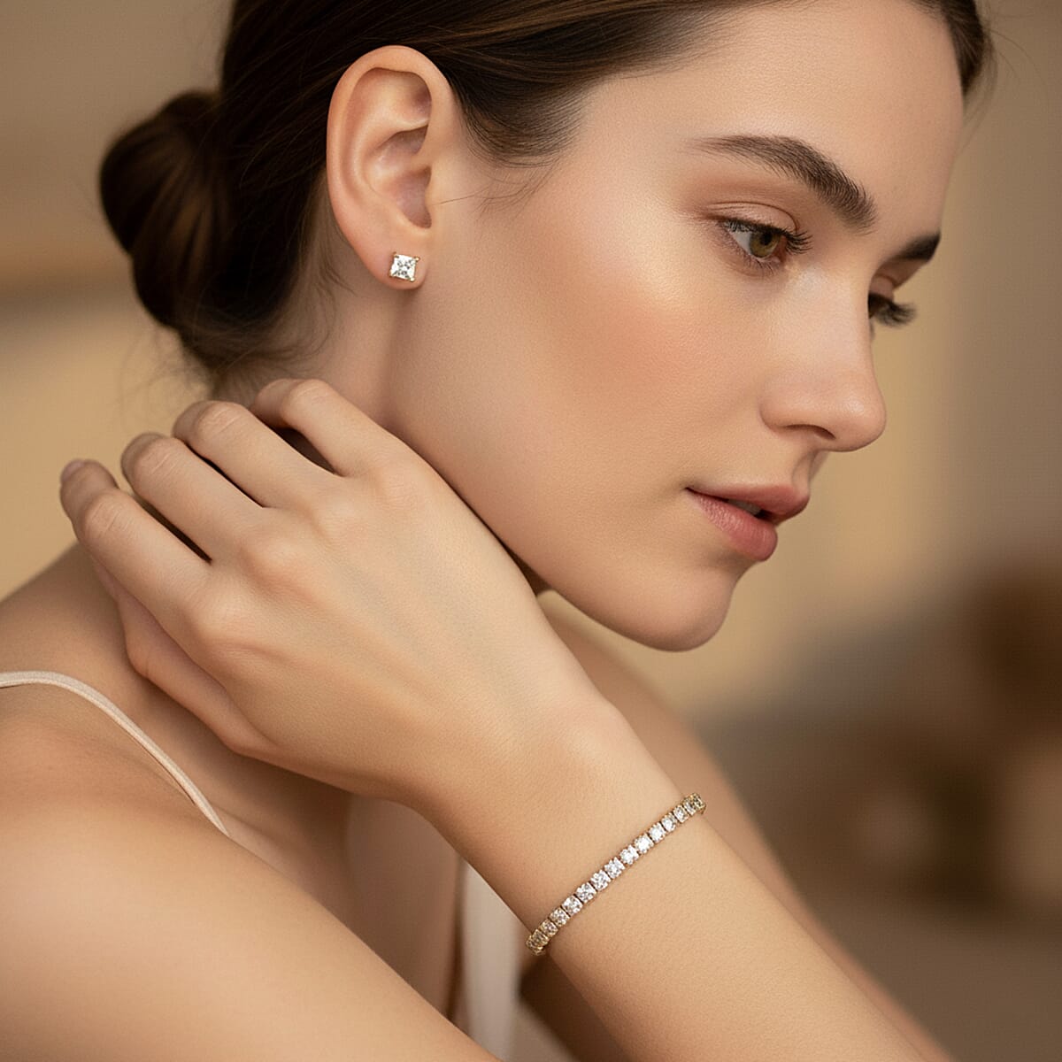 2 Piece Set - Fancy Cut Simulated Diamond 5.60 ctw Tennis Bracel (7.50 In) and Earrings in Goldtone  image number 2