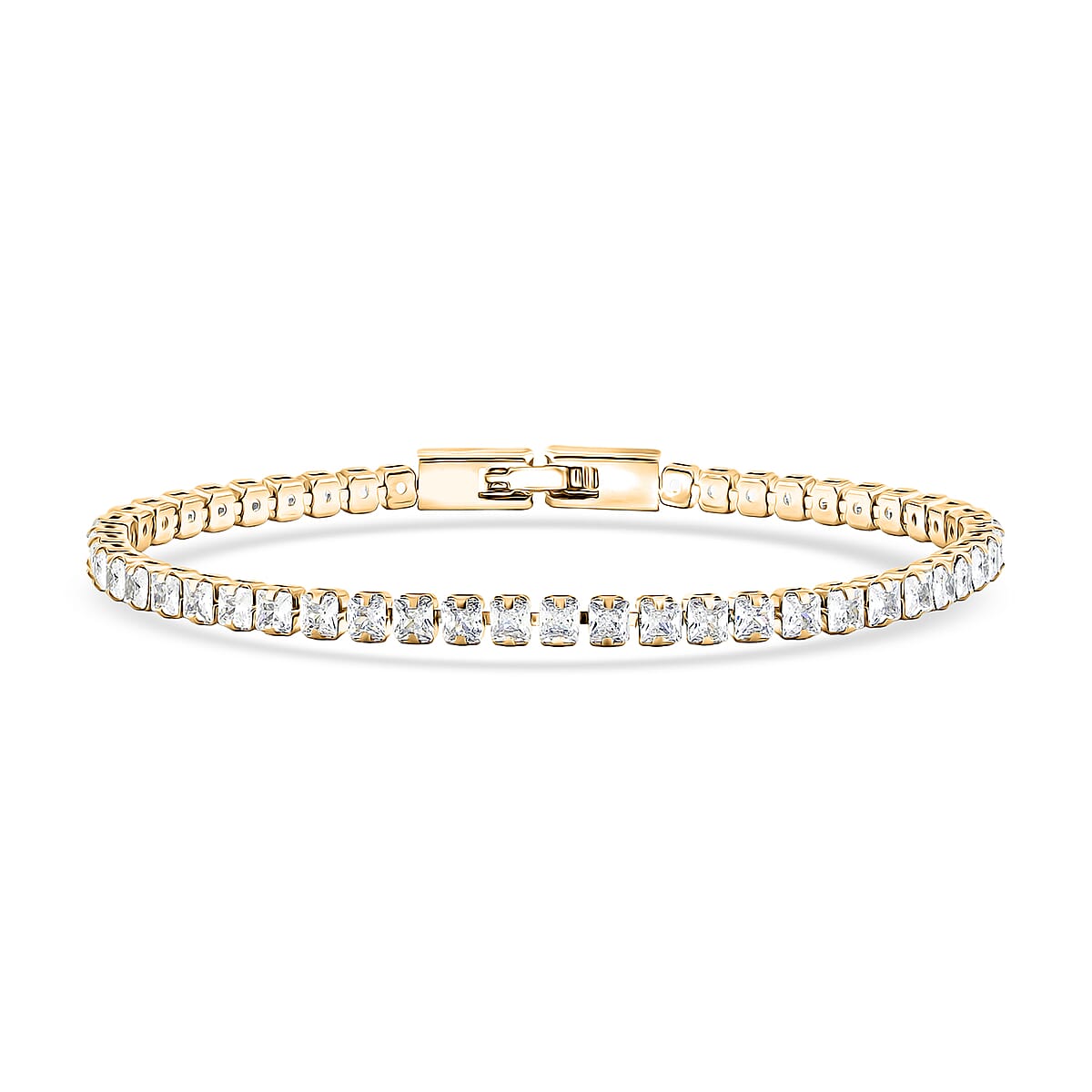 2 Piece Set - Fancy Cut Simulated Diamond 5.60 ctw Tennis Bracel (7.50 In) and Earrings in Goldtone  image number 3
