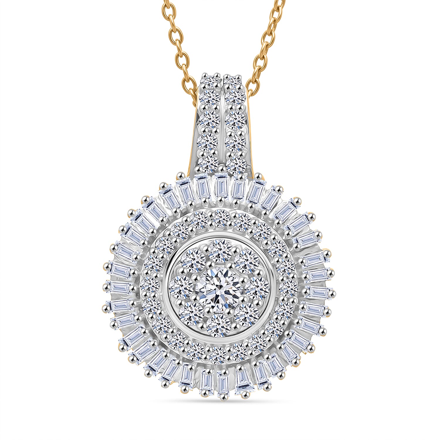 Luxuriant Lab Grown Diamond G-H SI 1.00 ctw Sunburst Halo Pendant Necklace in 18K Vermeil Yellow Gold Over Sterling Silver 20 In
