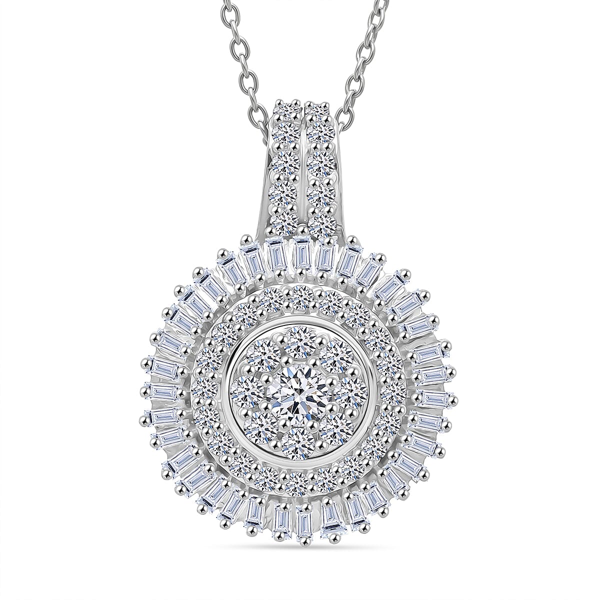 Luxuriant Lab Grown Diamond G-H SI 1.00 ctw Sunburst Halo Pendant Necklace in Rhodium Over Sterling Silver 20 Inches