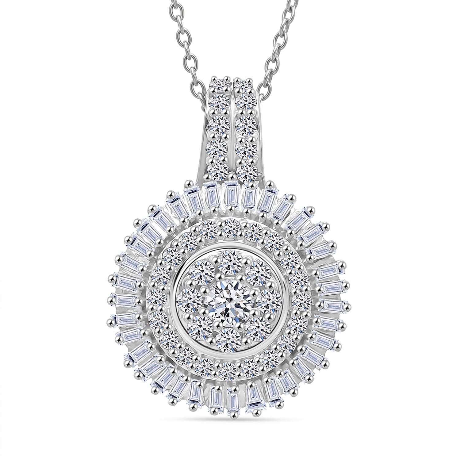 Luxuriant Lab Grown Diamond G-H SI 1.00 ctw Sunburst Halo Pendant Necklace in Rhodium Over Sterling Silver 20 Inches