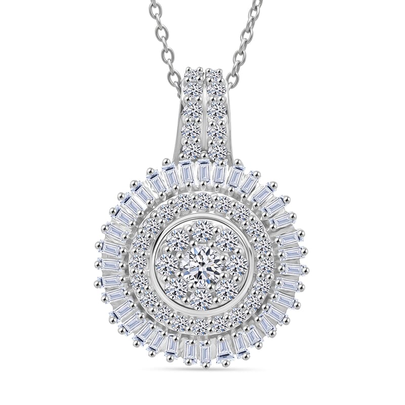 Luxuriant Lab Grown Diamond G-H SI 1.00 ctw Sunburst Halo Pendant Necklace in Rhodium Over Sterling Silver 20 Inches