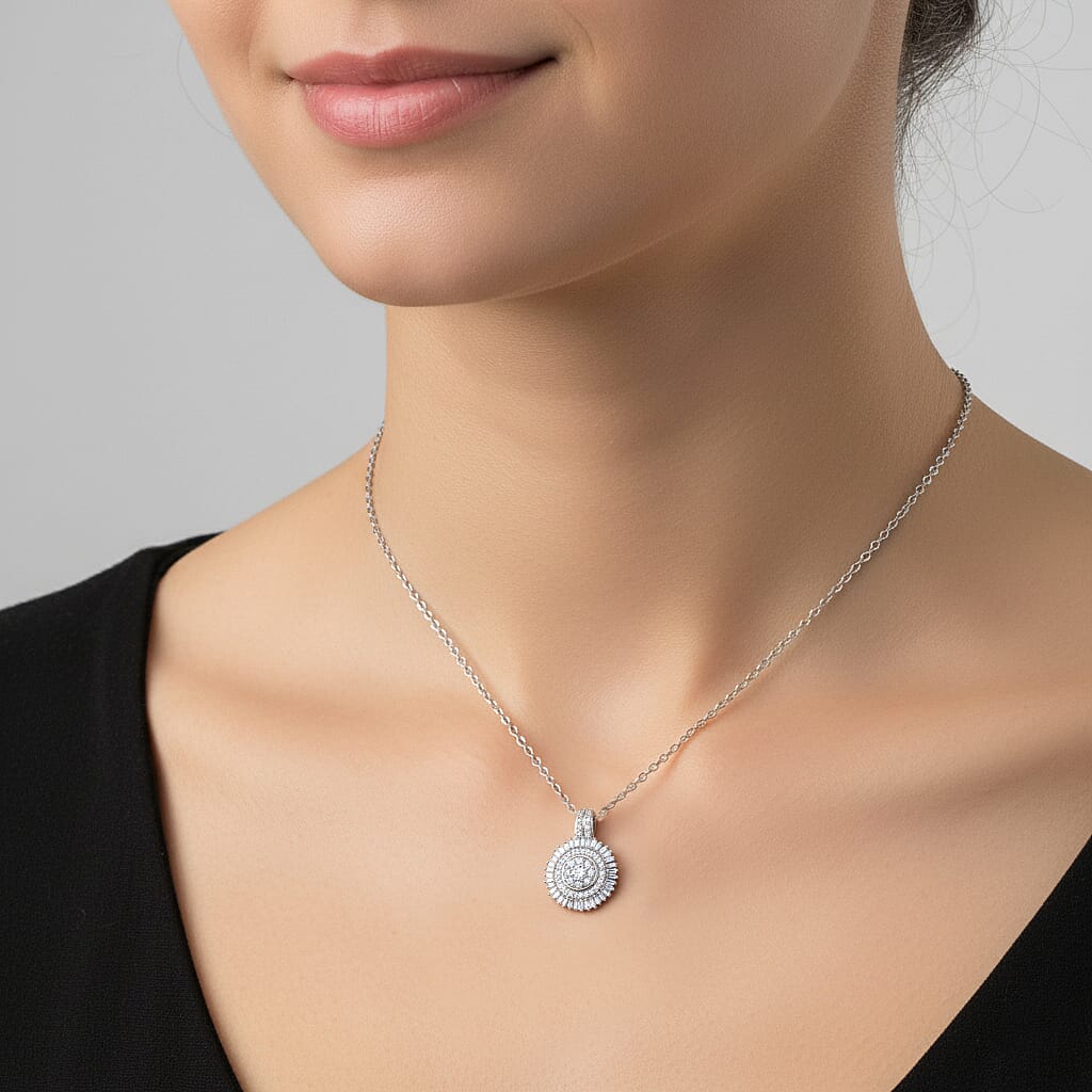 Luxuriant Lab Grown Diamond G-H SI 1.00 ctw Sunburst Halo Pendant Necklace in Rhodium Over Sterling Silver 20 Inches