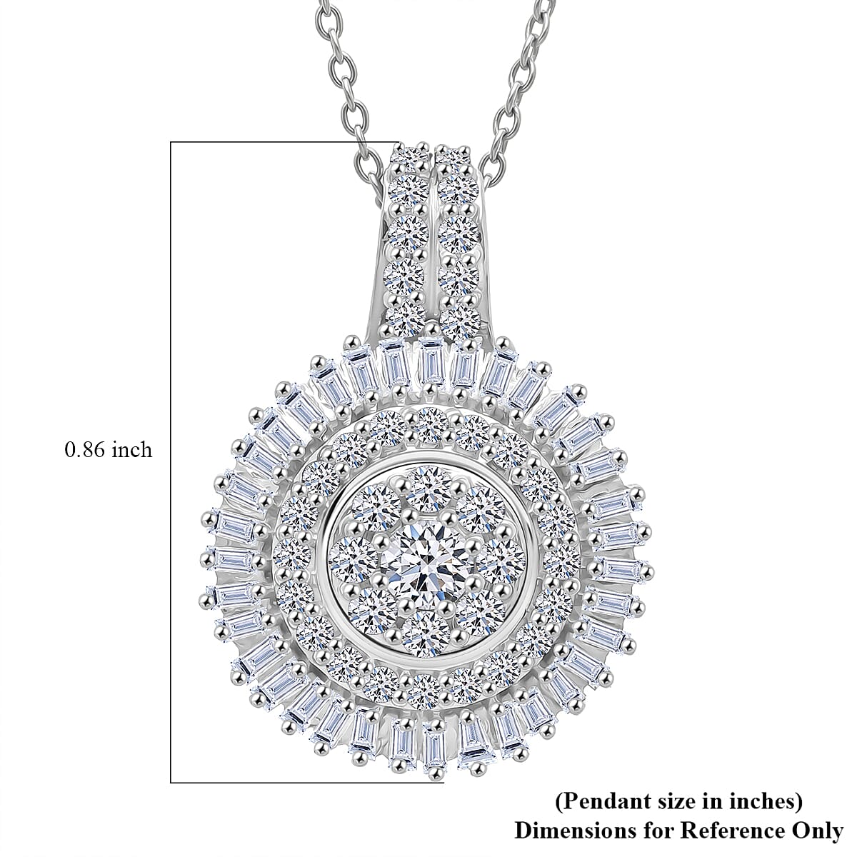 Luxuriant Lab Grown Diamond G-H SI 1.00 ctw Sunburst Halo Pendant Necklace in Rhodium Over Sterling Silver 20 Inches