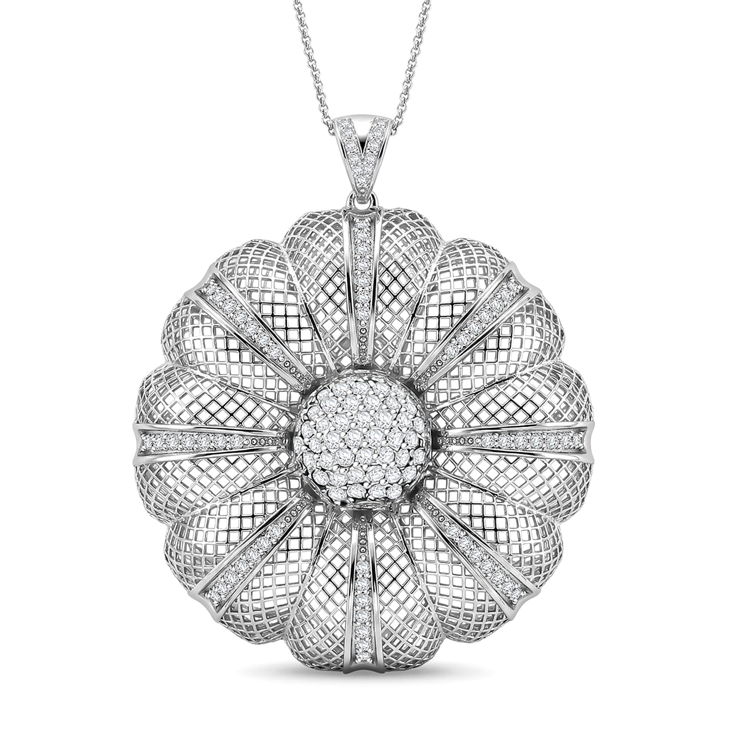 D'Joy Simulated Diamond Pendant in Rhodium Over Sterling Silver with Stainless Steel Necklace (20 Inches)
