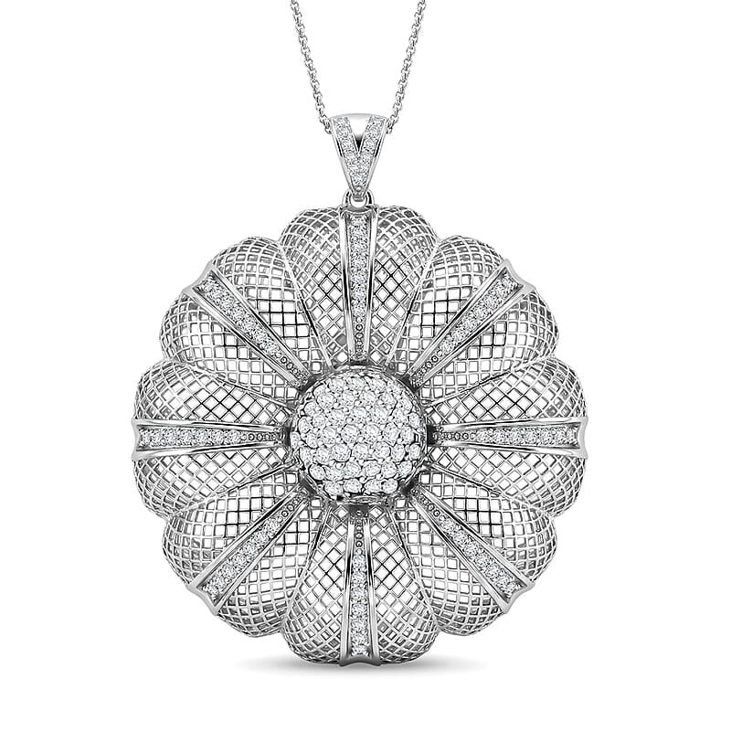 D'Joy Simulated Diamond Pendant in Rhodium Over Sterling Silver with Stainless Steel Necklace (20 Inches)