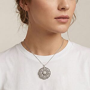 D'Joy Simulated Diamond Pendant in Rhodium Over Sterling Silver with Stainless Steel Necklace (20 Inches)