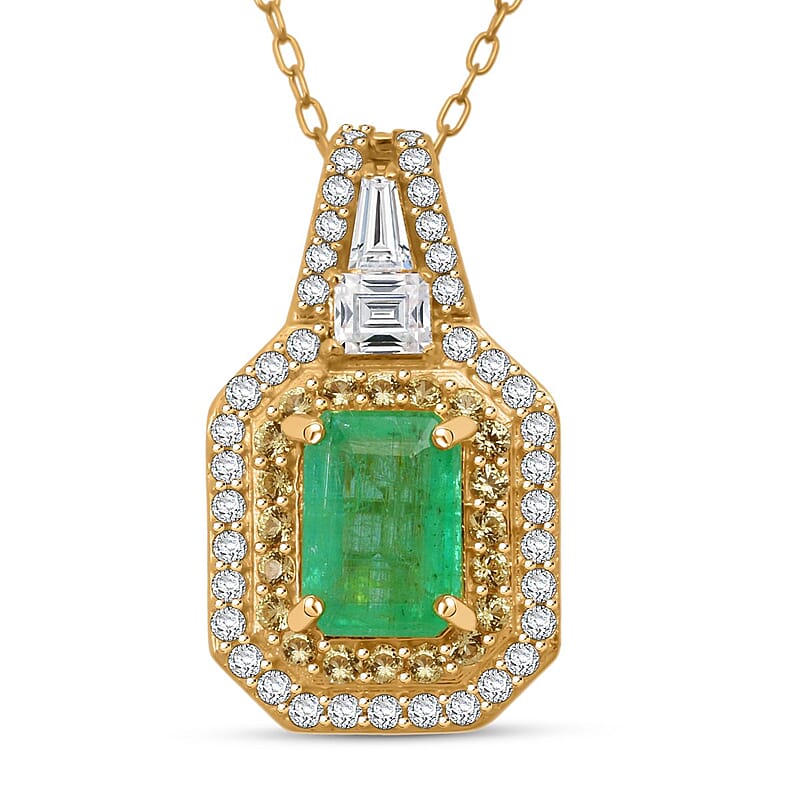 D'Joy Zambian Emerald, Multi Gemstone Pendant Necklace in 18K Vermeil YG Over Sterling Silver 1.60 ctw (20 Inches)