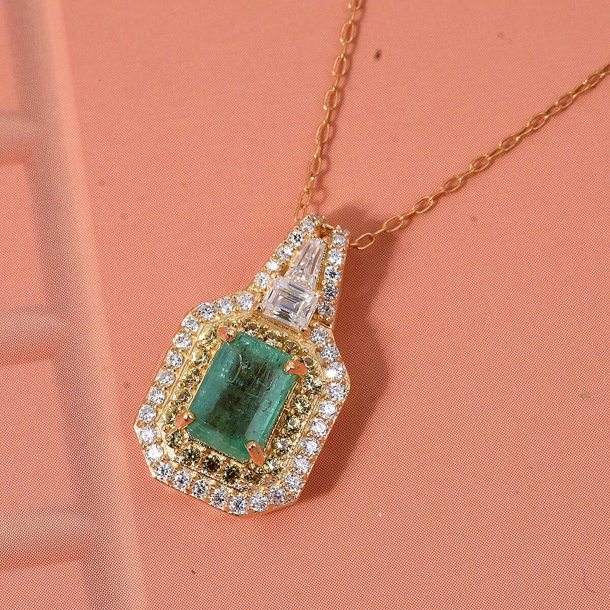 Kagem Zambian Emerald, Multi Gemstone Pendant Necklace (20 Inches) in 18K Vermeil YG Over Sterling Silver 1.60 ctw image number 1