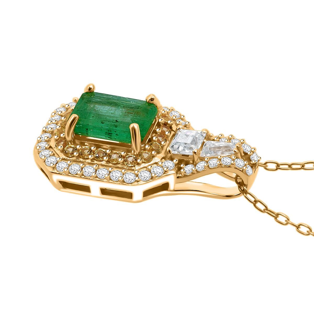 Kagem Zambian Emerald, Multi Gemstone Pendant Necklace (20 Inches) in 18K Vermeil YG Over Sterling Silver 1.60 ctw image number 3